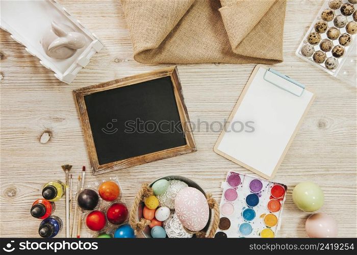 arrangement colored eggs board