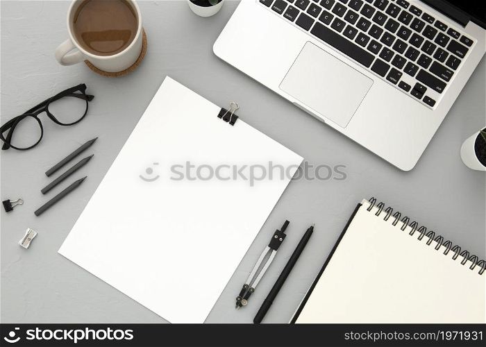 arrangement desk elements with empty notebook grey background. High resolution photo. arrangement desk elements with empty notebook grey background. High quality photo