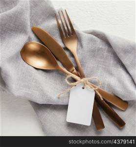 arrangement elegant tableware with empty tag