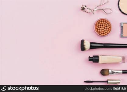 arrangement makeup products pink background. High resolution photo. arrangement makeup products pink background. High quality photo