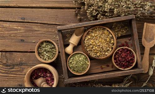 arrangement natural various herbs wooden box