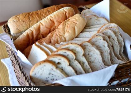 Arrangement of bread in basket on table