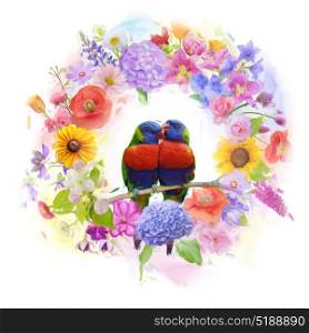 arrangement of colorful flowers and parrots watercolor. arrangement of colorful flowers and parrots