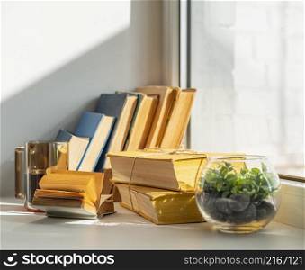 arrangement with books plant