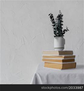 arrangement with books stack plant