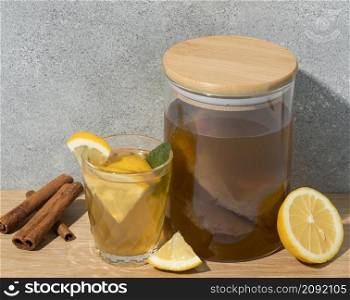 arrangement with delicious kombucha drink