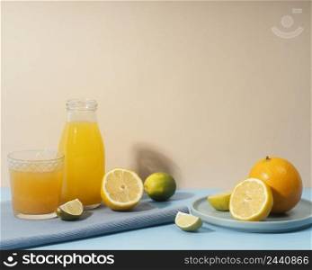 arrangement with fruits drinks