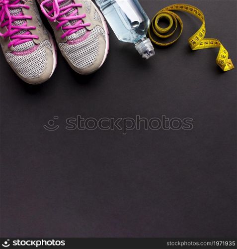 arrangement with running shoes water bottle. High resolution photo. arrangement with running shoes water bottle. High quality photo