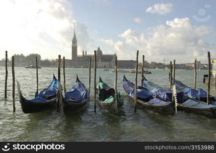 Array of gondolas docked at a canal in Venice, Italy