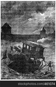 Arrival at Fort Noulato, vintage engraved illustration. Jules Verne Cesar Cascabel, 1890.