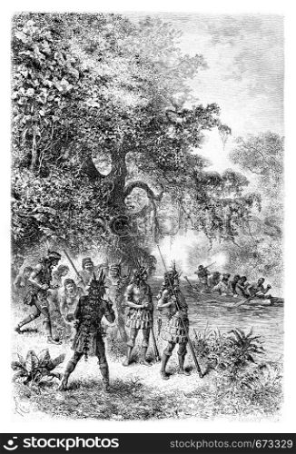 Arrival by Boat at the Village of Coreguaje in Amazonas, Brazil, drawing by Riou from a photograph, vintage engraved illustration. Le Tour du Monde, Travel Journal, 1881