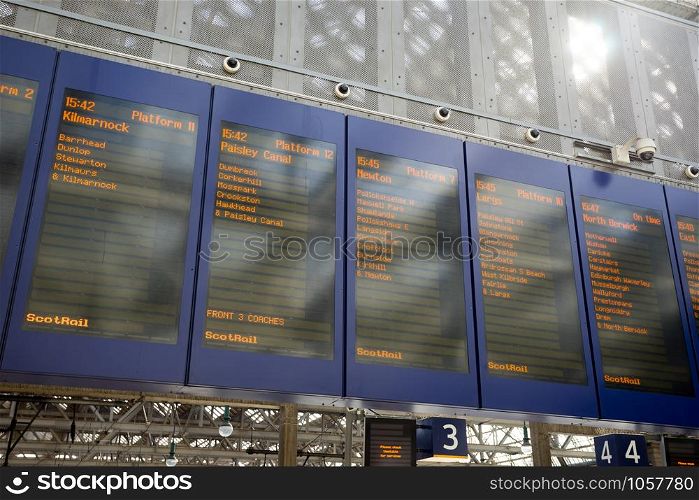 Arrivals departure board, Airport & Train station in Glasgow, Scotland