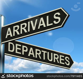 Arrivals Departures Signpost Showing Flights Airport And International Travel. Arrivals Departures Signpost Shows Flights Airport And International Travel