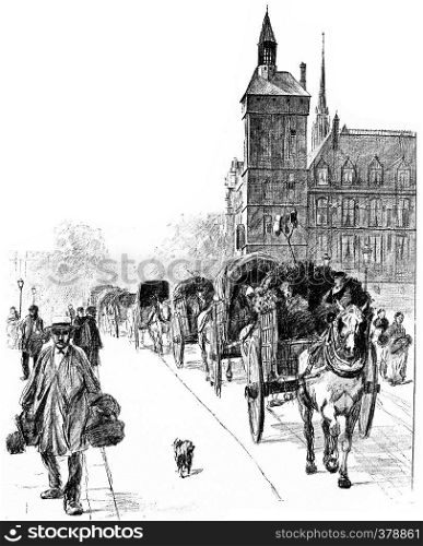 Arrivals from the suburbs, vintage engraved illustration. Paris - Auguste VITU ? 1890.