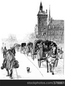 Arrivals from the suburbs, vintage engraved illustration. Paris - Auguste VITU ? 1890.
