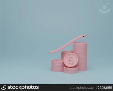 Arrow and coin stacks on pink background. Growth financial success and invest business concept. 3d render illustration