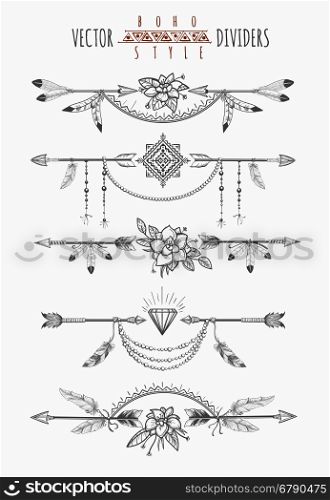 Arrow feather drawing page dividers. Wild boho gypsy romantic elements for invitation design. Vector illustration