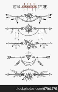 Arrow feather drawing page dividers. Wild boho gypsy romantic elements for invitation design. Vector illustration