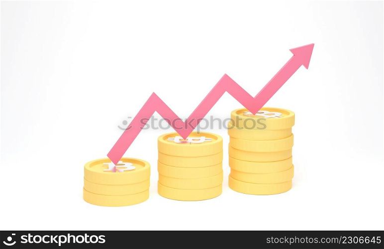 Arrow growth and coin bitcoin stacks on white background. Cryptocurrency or electronic payments concept. 3d render illustration.