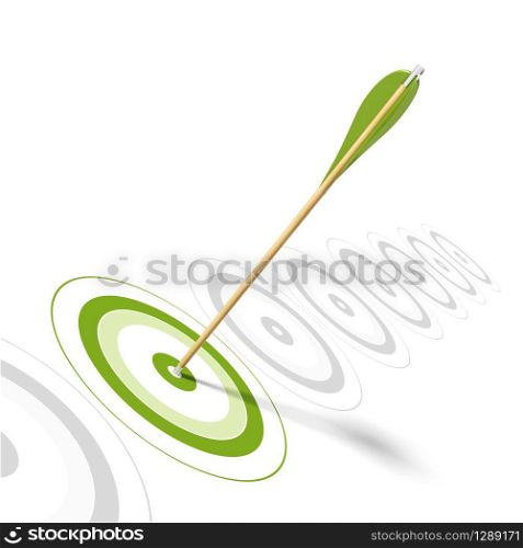 Arrow hitting the center of a green target, there is 8 targets in a row. perfect shot