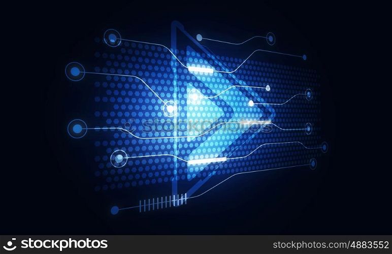 Arrow interface icon. Glowing blue arrow icon on dark technology background