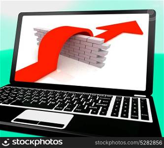 . Arrow Jumping Wall On Laptop Shows Overcoming Obstacles And Not Give Up