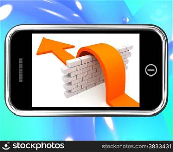 . Arrow Jumping Wall On Smartphone Showing Conquer Or Overcome Obstacles
