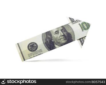 Arrow origami made of dollar bills on a white background. dollars arrow origami