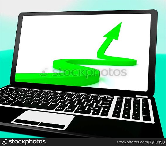 Arrow Pointing Up On Laptop Shows Improvement, Success And Progress