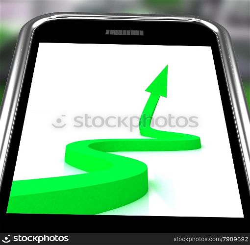 . Arrow Pointing Up On Smartphone Showing Progression Report And High Improvement