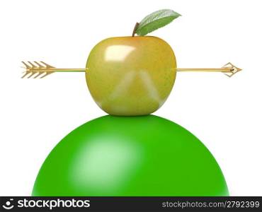 Arrow through apple on white isolated background. 3d