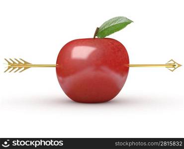 Arrow through apple on white isolated background. 3d