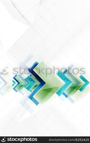 Arrows and triangles background. web brochure, internet flyer, wallpaper or cover poster layout design. Geometric style, colorful realistic glossy arrow shapes with copyspace. Directional idea banner