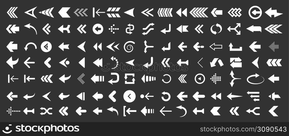 Arrows web collection on black. Modern graphic direction signs computer screen arrows vector set. Arrows web collection on black. Modern graphic direction signs computer screen arrows