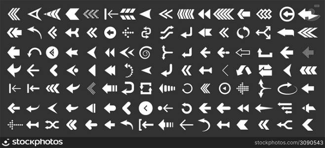 Arrows web collection on black. Modern graphic direction signs computer screen arrows vector set. Arrows web collection on black. Modern graphic direction signs computer screen arrows