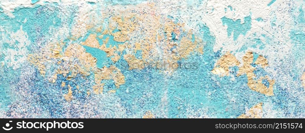 Art Abstract acrylic and watercolor relief smear blot painting with gold glitter. Blue color texture horizontal long background.