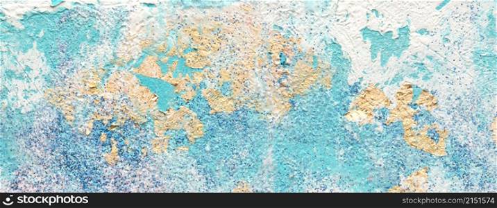 Art Abstract acrylic and watercolor relief smear blot painting with gold glitter. Blue color texture horizontal long background.