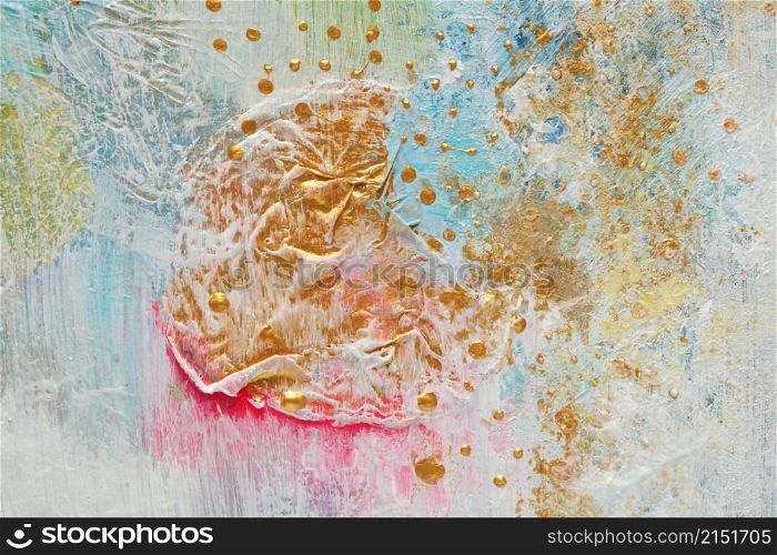 Art Abstract acrylic and watercolor smear blot painting with gold glitter. Blue color texture background.