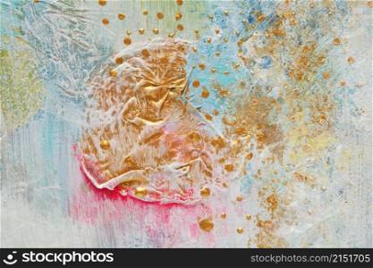 Art Abstract acrylic and watercolor smear blot painting with gold glitter. Blue color texture background.