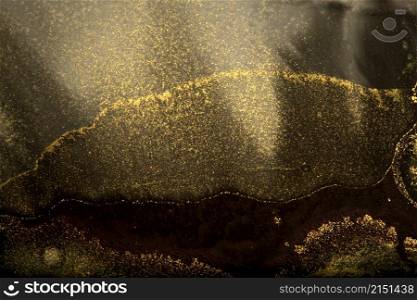Art Abstract black and gold glitter color horizontal watercolor background. Marble texture. Alcohol ink.