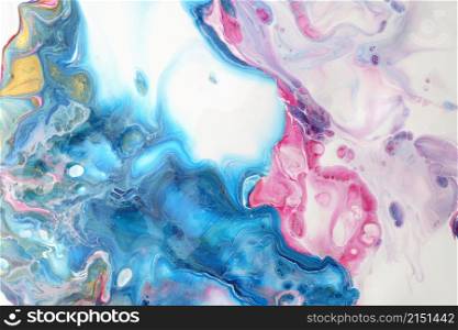 Art Abstract flow acrylic and watercolor marble blot painting. Blue and pink Color wave horizontal texture background.