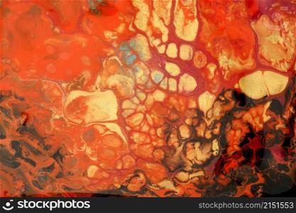 Art Abstract flow acrylic and watercolor marble blot painting. Red, black and gold Color wave horizontal texture background.