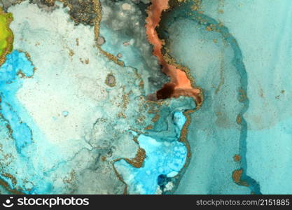 Art Abstract paintin blue and gold blots landscape background. Alcohol ink colors. Marble texture.