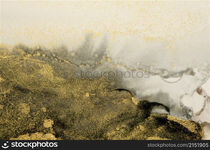 Art Abstract painting black and gold blots landscape background. Alcohol ink colors. Marble texture.