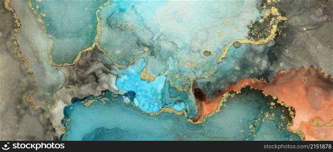 Art Abstract painting blue and gold blots horizontal long background. Alcohol ink colors. Marble texture.