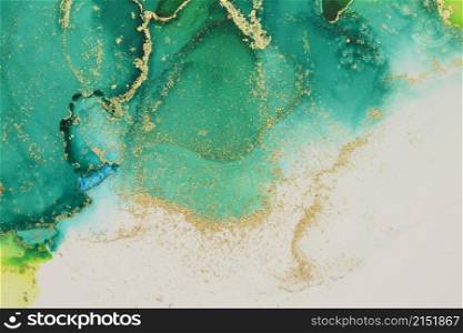 Art Abstract painting blue, green and gold blots horizontal long background. Alcohol ink colors. Marble texture.