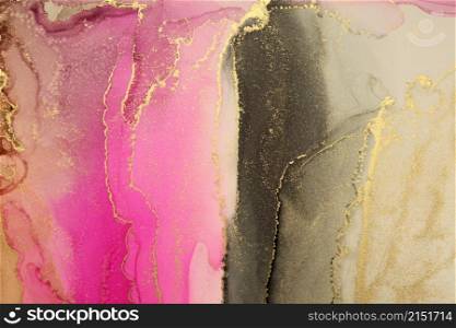 Art Abstract painting brown, pink and gold blots horizontal long background. Alcohol ink colors. Marble texture.
