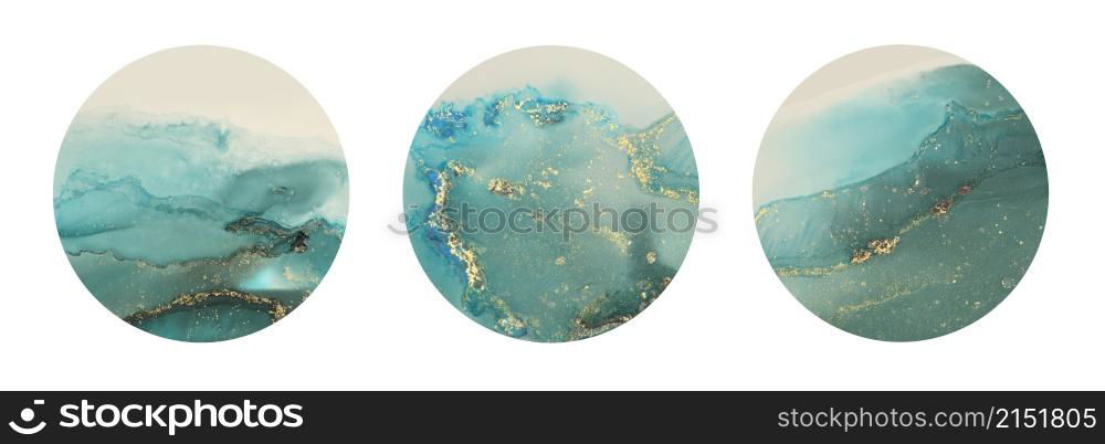 Art Abstract watercolor flow circle blot painting. Color blue and gold marble horozontal texture background. Alcohol ink. Collection.