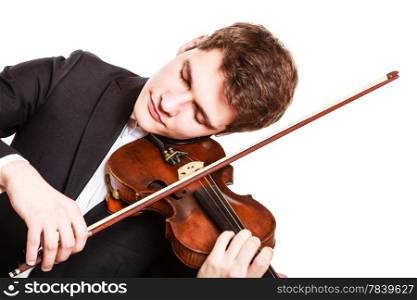 Art and artist. Young elegant man violinist fiddler playing violin isolated on white. Classical music. Studio shot.