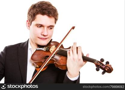 Art and artist. Young elegant man violinist fiddler playing violin isolated on white. Classical music. Studio shot.